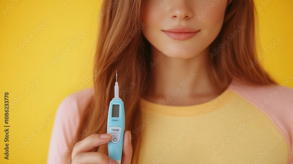 Close-up of woman holding digital thermometer. Close-up of woman holding digital thermometer.