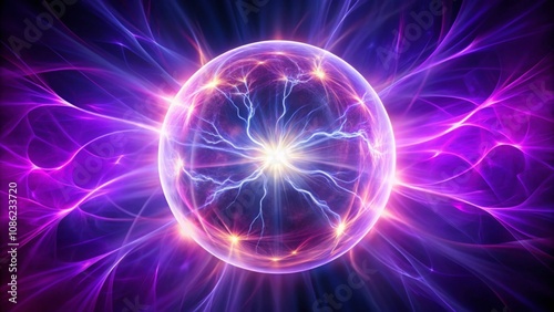 Abstract purple glowing background with energy ball sphere made of plasma and rays, energy, glowing, purple, abstract, background