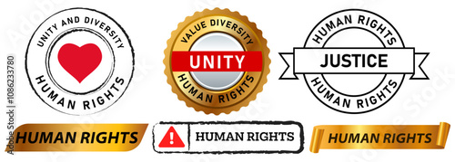 Human rights equality diversity unity justice social issues peace no violation discrimination democracy stamp colorful badge emblem sticker label banner ribbon design icon set collection