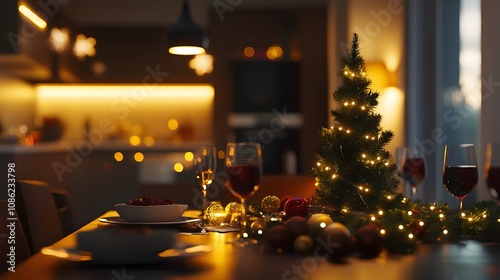 Festive Table Setting with a Christmas Tree and Wine Glasses photo