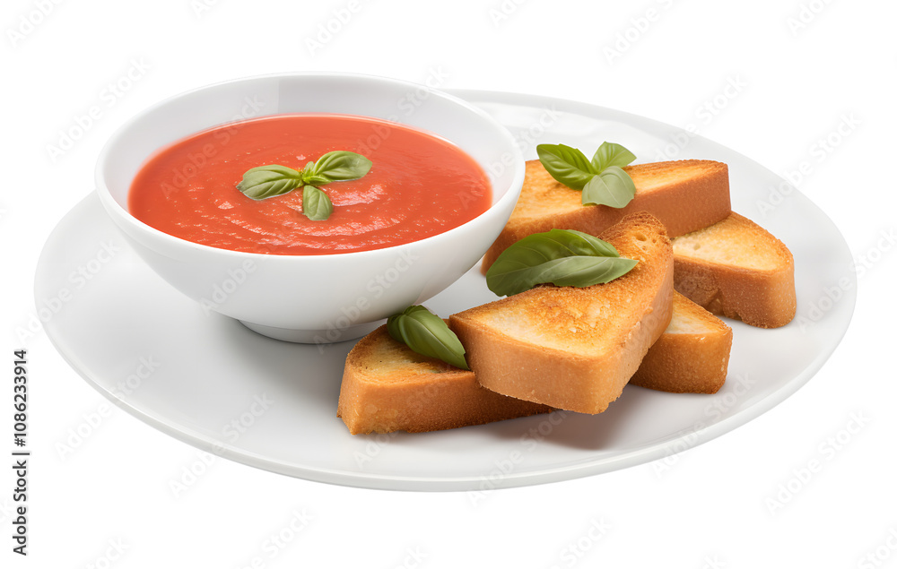 Tomato soup with bread and cream served on a plate Tomato soup with bread and cream served on a plate