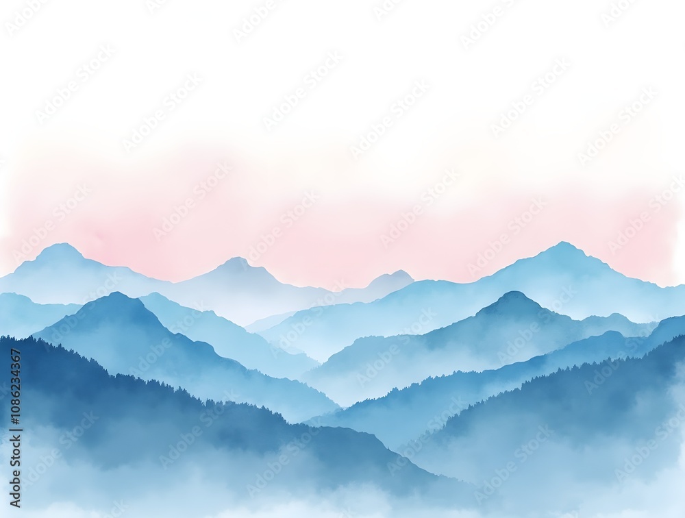 pink sky and blue Mount watercolor landscape painting. Generative ai pink sky and blue Mount watercolor landscape painting. Generative ai