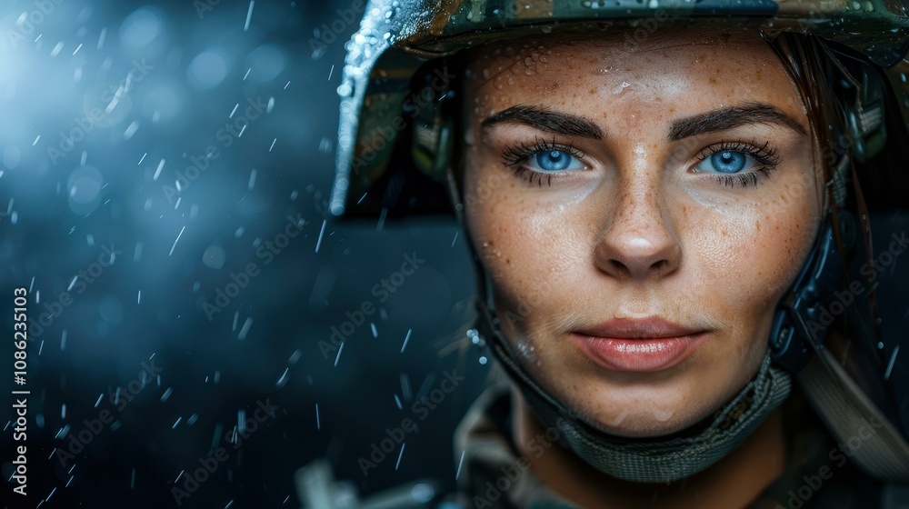 A brave girl soldier stands tall in the rain, her helmet glistening, embodying strength and resilience in tough times. A brave girl soldier stands tall in the rain, her helmet glistening, embodying strength and resilience in tough times.