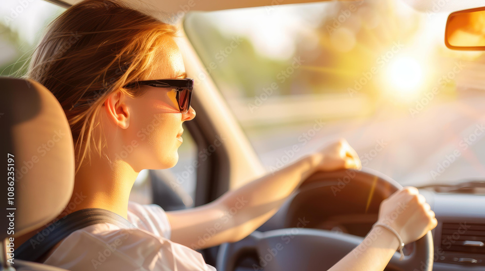 Naklejka premium A woman enjoys a scenic drive on a tranquil country road at sunset, her sunglasses reflecting the golden hues.