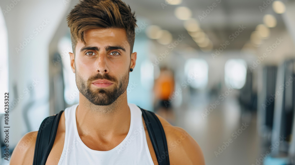 Fit young man with a backpack, gearing up for an intense workout session at the gym, radiates determination. Fit young man with a backpack, gearing up for an intense workout session at the gym, radiates determination.