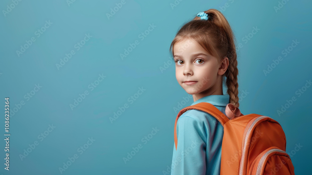 A vibrant blue backdrop showcases a young schoolgirl, ready for backtoschool excitement with plenty of space for your text. A vibrant blue backdrop showcases a young schoolgirl, ready for backtoschool excitement with plenty of space for your text.