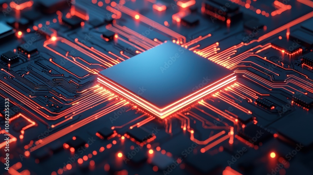 A close-up of a glowing microchip on a circuit board, showcasing intricate pathways and luminous connections. A close-up of a glowing microchip on a circuit board, showcasing intricate pathways and luminous connections.