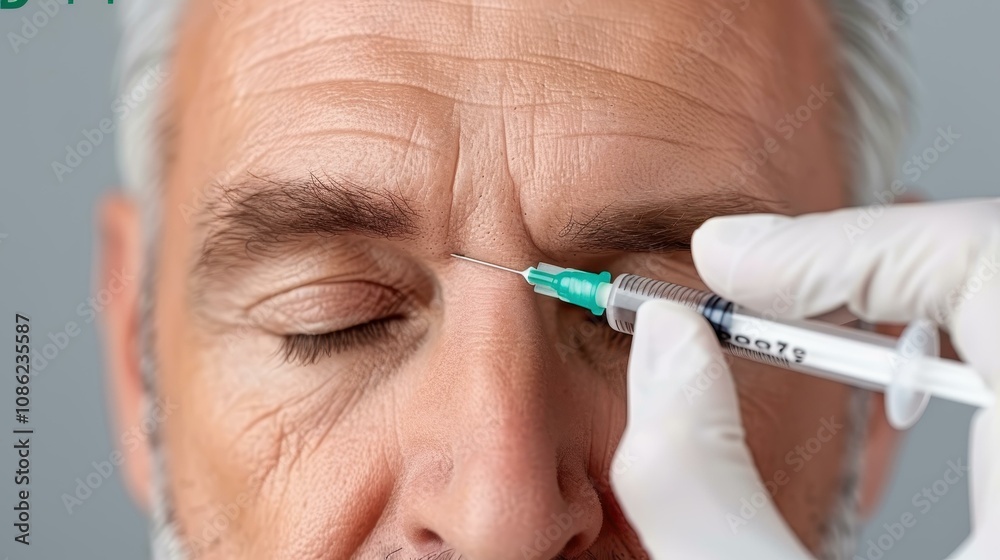 A mature man receives facial injections for a youthful glow, showcasing is calm demeanor and confidence in selfcare. A mature man receives facial injections for a youthful glow, showcasing is calm demeanor and confidence in selfcare.