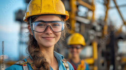 Confident Female Engineer Oil Rig Safety Gear Hard Hat Goggles Teamwork Industry Construction