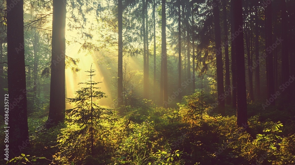 Obraz premium Sunlight Streaming Through a Misty Forest Landscape