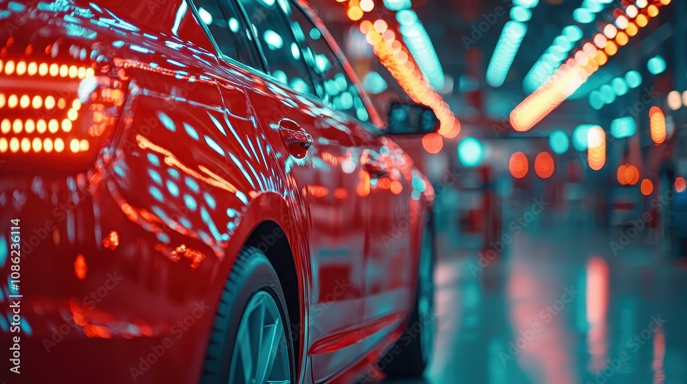 A sleek red car gleams in a brightly lit, modern garage filled with reflections and colorful, futuristic lighting. A sleek red car gleams in a brightly lit, modern garage filled with reflections and colorful, futuristic lighting.
