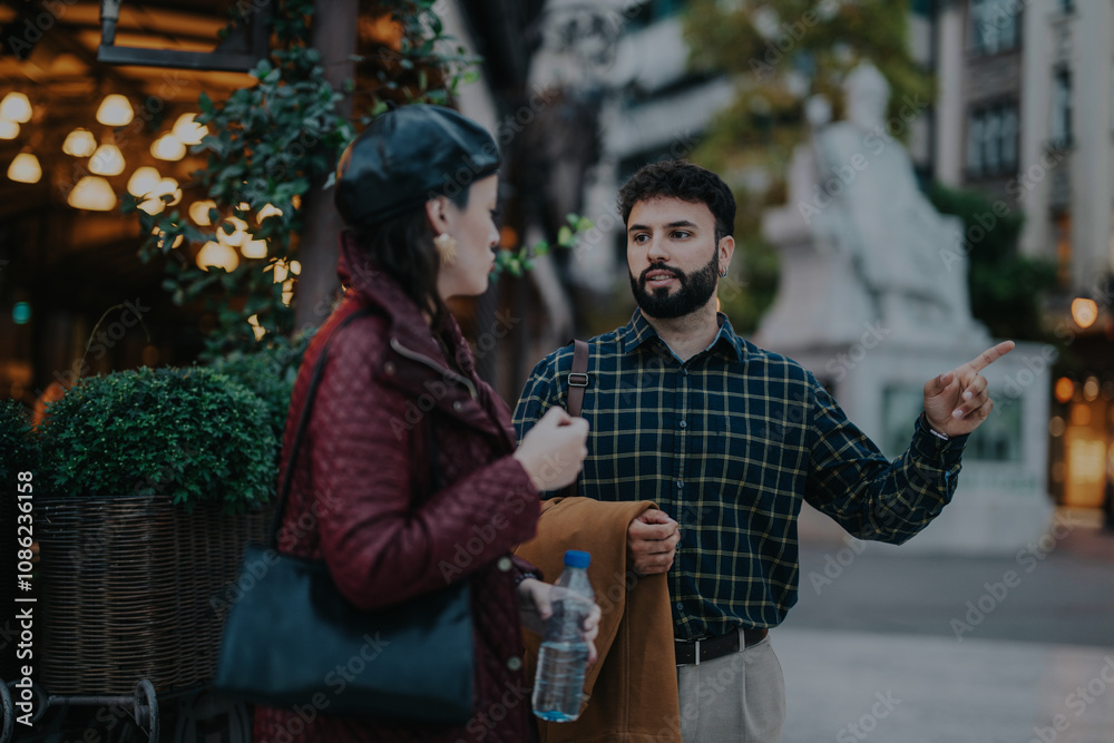 Two business people engaged in a lively discussion outdoors, showcasing communication and interaction. The urban environment adds a modern, dynamic atmosphere to their collaborative exchange. Two business people engaged in a lively discussion outdoors, showcasing communication and interaction. The urban environment adds a modern, dynamic atmosphere to their collaborative exchange.