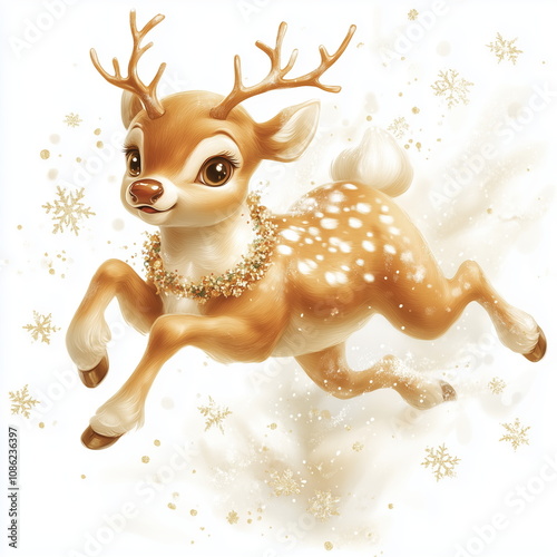 Golden Reindeer Leaping Through Snow on White Background