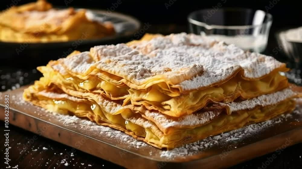 Delicious Pastry Layers with Creamy Filling and Powdered Sugar on Top Delicious Pastry Layers with Creamy Filling and Powdered Sugar on Top