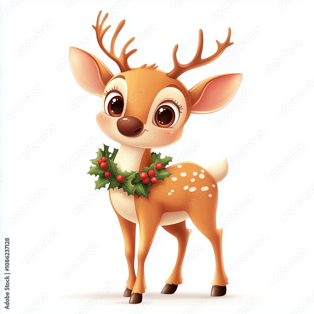 Adorable Reindeer with Holly Garland and Winter Charm Adorable Reindeer with Holly Garland and Winter Charm