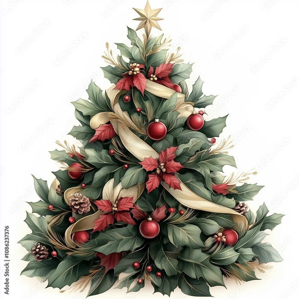 Elegant Christmas Tree with Holly and Gold Accents Elegant Christmas Tree with Holly and Gold Accents
