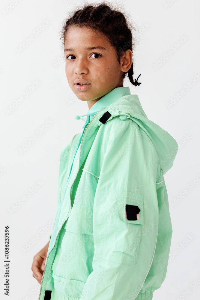 Stylish young boy in mint green jacket and white shirt posing confidently against a clean white wall Stylish young boy in mint green jacket and white shirt posing confidently against a clean white wall