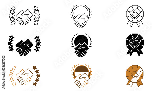 Handshake teamwork success icon set. Vector illustration of business, achievement, goal, award, gain, trust and integrity icons. Core value star icon. Business web or app template design.