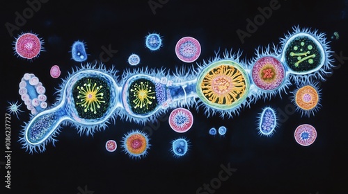 Binary fission prokaryotic cells depicted in a comprehensive microbiology chart showing the process of asexual reproduction and cell division in bacteria photo