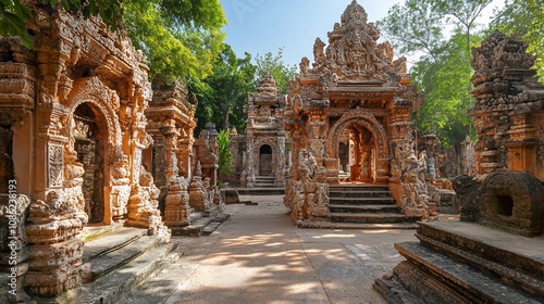 Ornate sandstone structures in a lush garden.