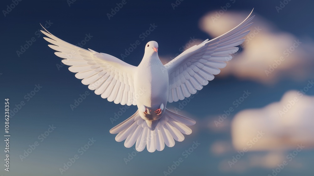 Fototapeta premium White Dove in Flight Against a Dramatic Sky with Clouds at Sunset