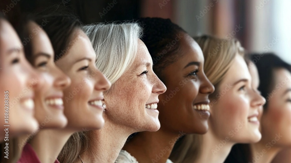 Side profiles of smiling women standing in a row. People with different skin tones and textures, some dark-skinned, some light-skinned. Diversity and multiracial Side profiles of smiling women standing in a row. People with different skin tones and textures, some dark-skinned, some light-skinned. Diversity and multiracial