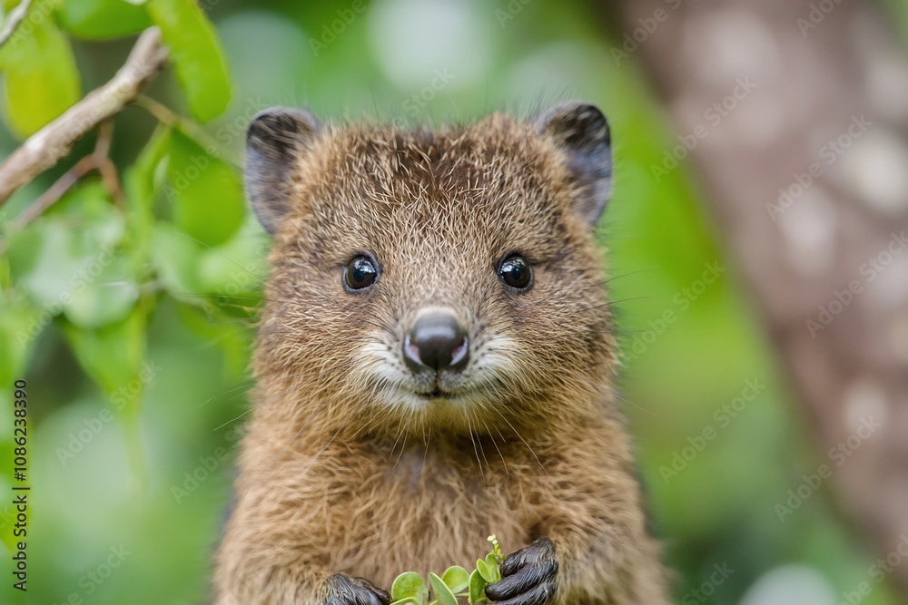 Fototapeta premium Cute Quokka with Bright Eyes Surrounded by Greenery
