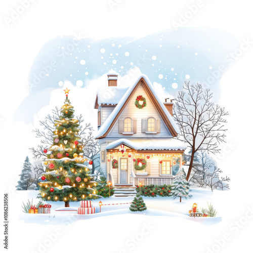 Kawaii Christmas Scene with Illuminated Tree and Cozy House Surrounded by Snow, Perfect for Holiday Celebrations and Festive Decorations