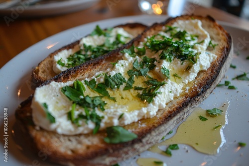 Delicious Toast with Creamy Ricotta and Fresh Herbs Drizzled with Olive Oil