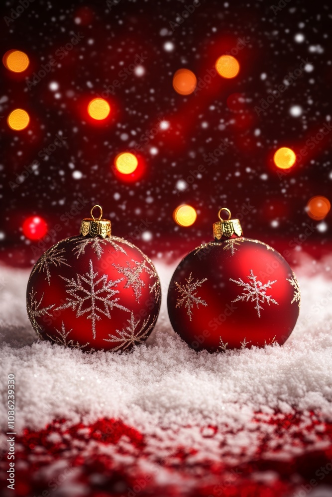 Two vibrant red Christmas balls rest delicately on a blanket of soft, glistening snow, evoking a festive and tranquil winter scene. Two vibrant red Christmas balls rest delicately on a blanket of soft, glistening snow, evoking a festive and tranquil winter scene.