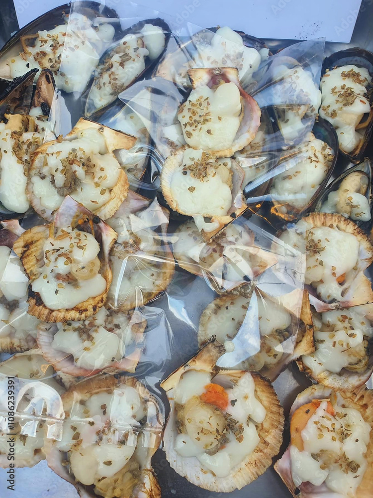 baked Scallops with cheese and spices on a white background baked Scallops with cheese and spices on a white background