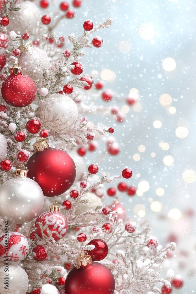 Fototapeta premium A festive Christmas tree adorned with vibrant red and white ornaments, radiating holiday cheer and warmth in a cozy atmosphere.