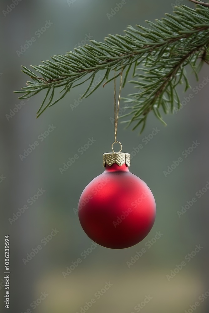 A vibrant red ornament dangles gracefully from a tree branch, catching the light and evoking a festive, cheerful atmosphere in a winter setting. A vibrant red ornament dangles gracefully from a tree branch, catching the light and evoking a festive, cheerful atmosphere in a winter setting.