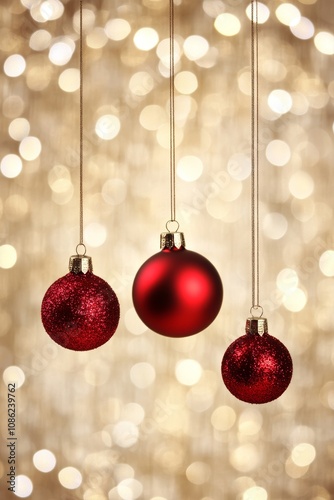 Three vibrant red Christmas balls dangle gracefully from delicate strings, illuminated by a shimmering bokeh background that evokes festive cheer.