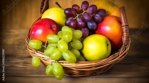 A wicker basket holds various colorful fruits and grapes