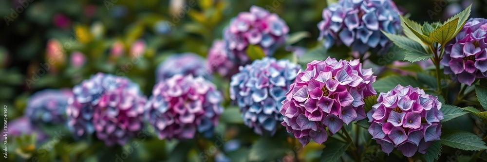 A hydrangea garden scene with soft focus and shallow depth of field, featuring multiple blooms and foliage, greenery, botanical A hydrangea garden scene with soft focus and shallow depth of field, featuring multiple blooms and foliage, greenery, botanical