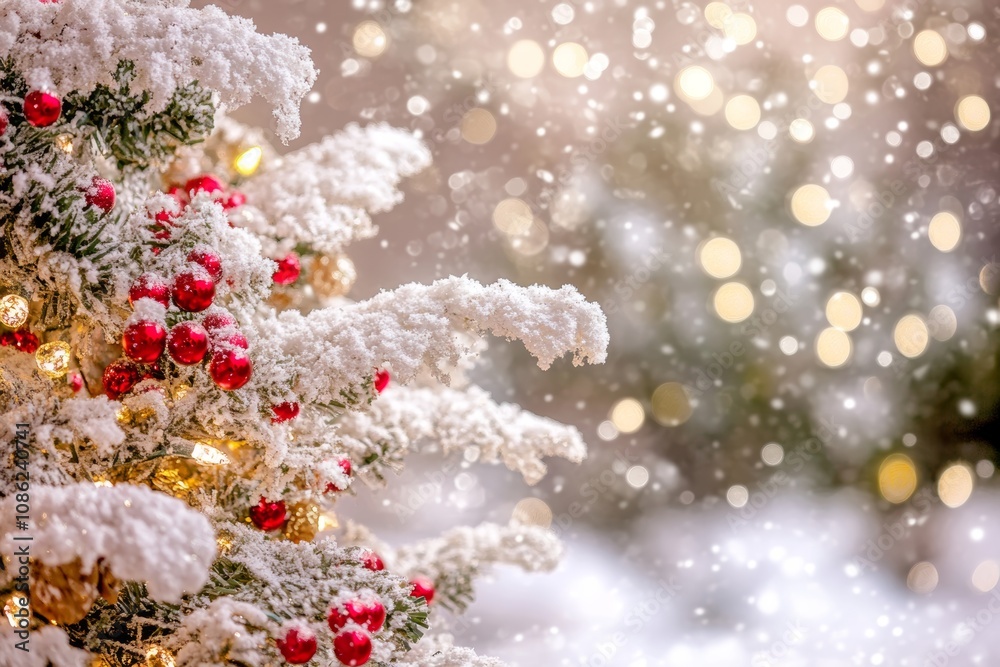 A festive Christmas tree adorned with vibrant red ornaments, glistening under a gentle layer of fresh snow, evoking warmth and holiday cheer. A festive Christmas tree adorned with vibrant red ornaments, glistening under a gentle layer of fresh snow, evoking warmth and holiday cheer.