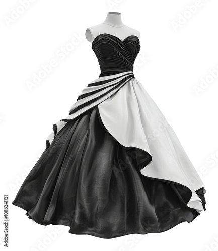 PNG Elegant black and white evening gown on display