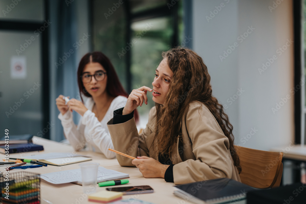 Two young women sitting at a table, discussing educational topics in a bright classroom setting, with study materials spread around them. Two young women sitting at a table, discussing educational topics in a bright classroom setting, with study materials spread around them.