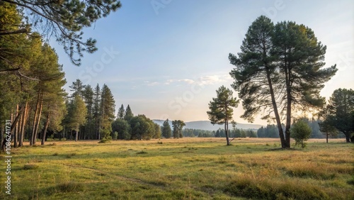 A natural landscape of a field with short grass and tall trees perfect for photography, grasslands, outdoor, trees