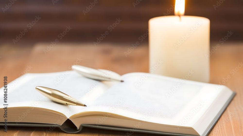 Naklejka premium Open Book Pens Candle Wooden Tabletop Setting
