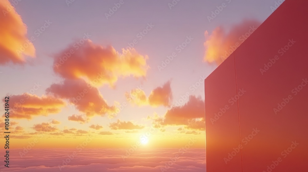 A serene sunset view above the clouds with a large structure nearby. A serene sunset view above the clouds with a large structure nearby.