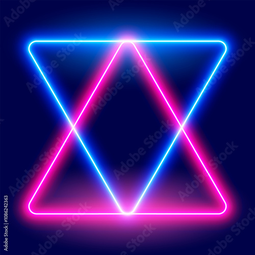 Neon triangles, crossed glowing geometric figures, vector illustration.