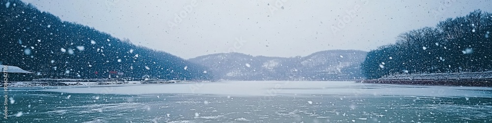 Snowfall on Serene Winter Lake Landscape Amidst Snowcapped Mountain Views, Snowy Hills, and Winter Wilderness with Blue Sky and Frozen Reflective Waters Snowfall on Serene Winter Lake Landscape Amidst Snowcapped Mountain Views, Snowy Hills, and Winter Wilderness with Blue Sky and Frozen Reflective Waters