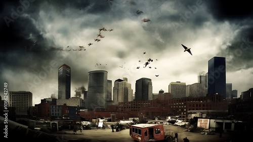 Apocalyptic Cityscape Birds Flying Over Urban Ruins