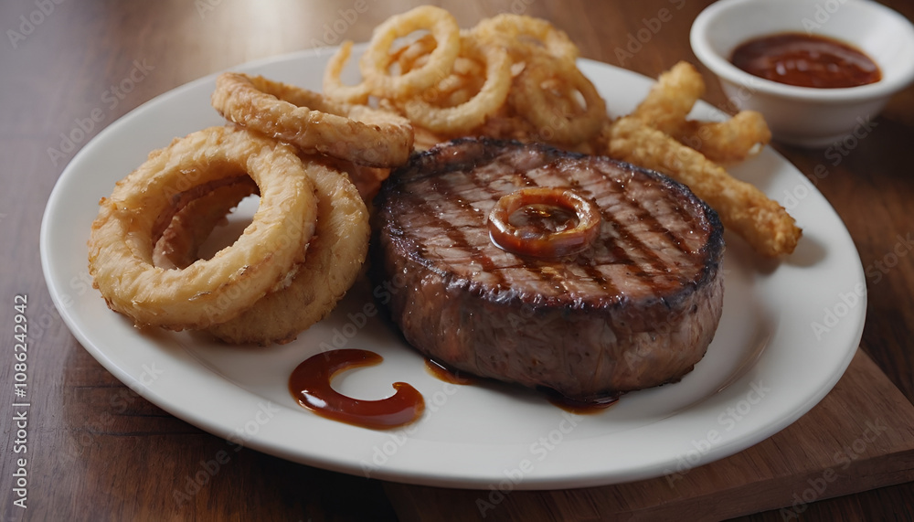 grilled bbq steak with crispy fried onion rings on the side grilled bbq steak with crispy fried onion rings on the side