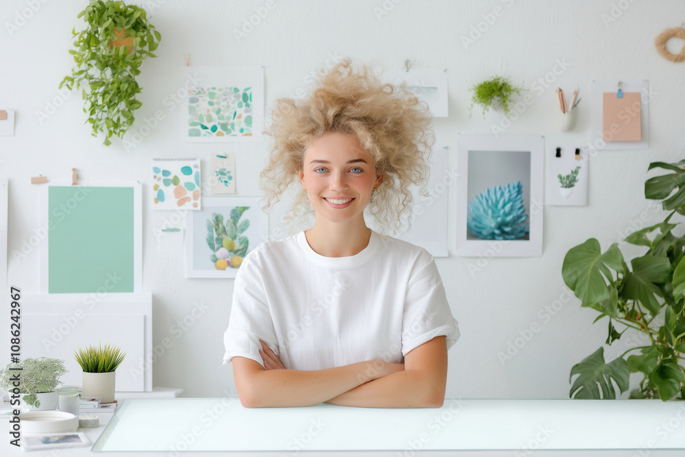 Cheerful creative designer in modern green workspace with indoor plants and art Cheerful creative designer in modern green workspace with indoor plants and art