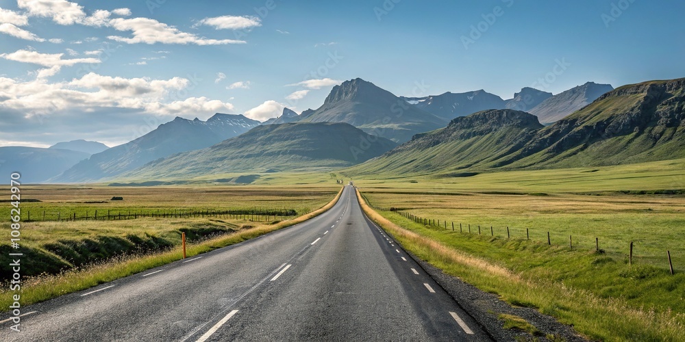 Naklejka premium A scenic drive on a straight asphalt road through a vast open landscape with rolling hills and towering mountains visible beyond the horizon, asphalt road, isolation, solitude, serenity