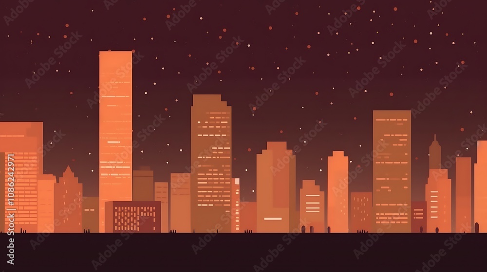 Cityscape at Night Orange Buildings Starry Sky Cityscape at Night Orange Buildings Starry Sky