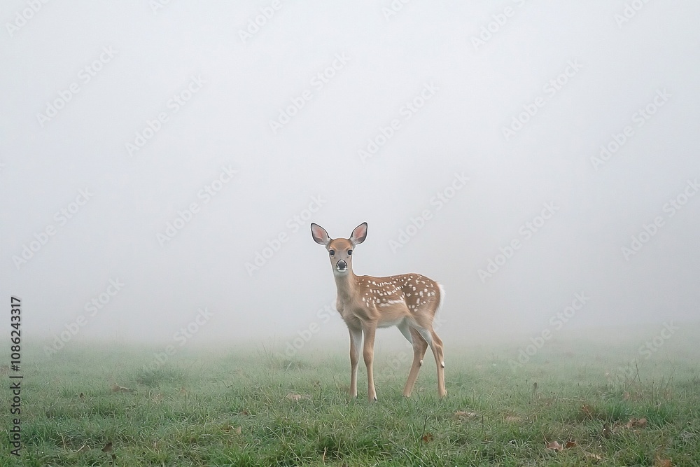 Serene Encounter: A Fawn Adrift in a Foggy Meadow Serene Encounter: A Fawn Adrift in a Foggy Meadow